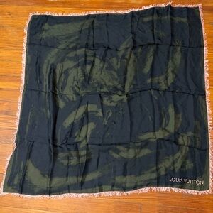 Authentic Louis Vuitton Navy and Olive Green Square Silk Scarf 90x90